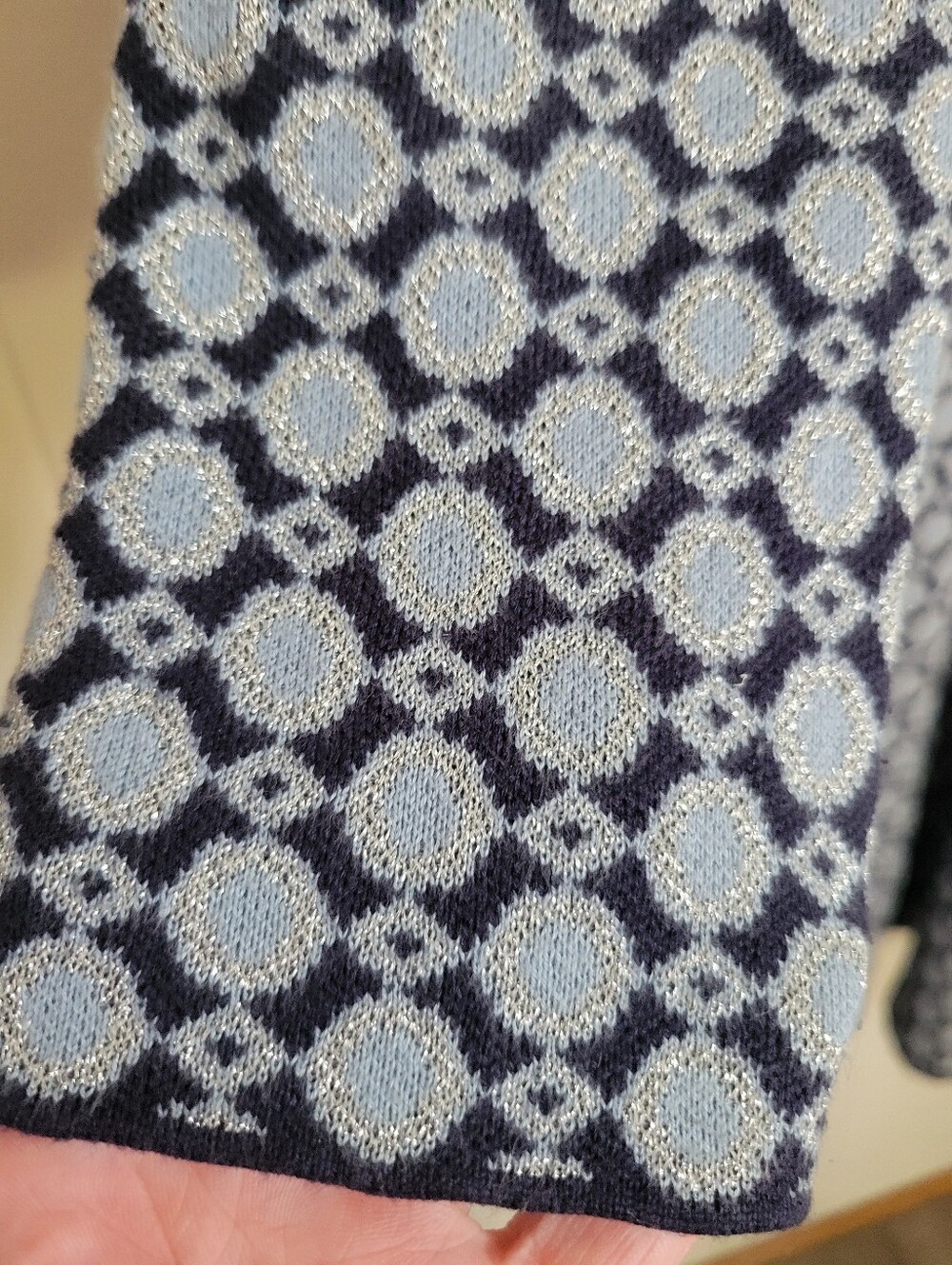 Boden Sweater Knit Dress Long Sleeve Blue & Silver Metallic Geometric 8L 8 Long - Picture 3 of 11
